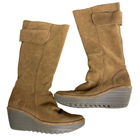 Fly London Yulo Suede Leather Platform Knee Boots Sz 39 (EU) Brown Tan Tall - Picture 1 of 11